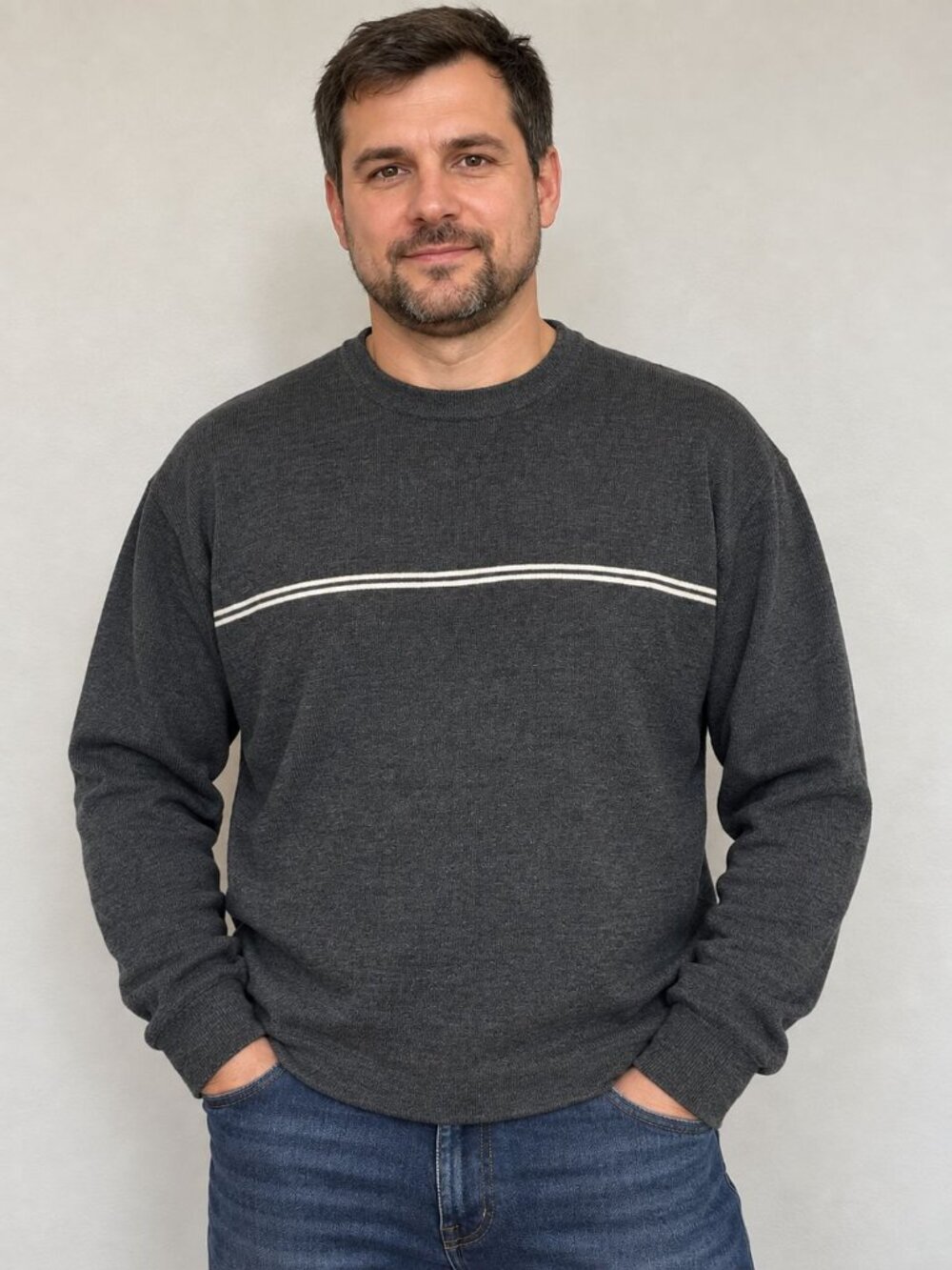 Aeropostale Men's Charcoal Gray Crewneck Sweater with Cream Stripe